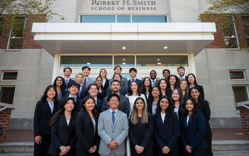 SCG members in business attire gathered on the front steps of the Robert H. Smith School of Business.